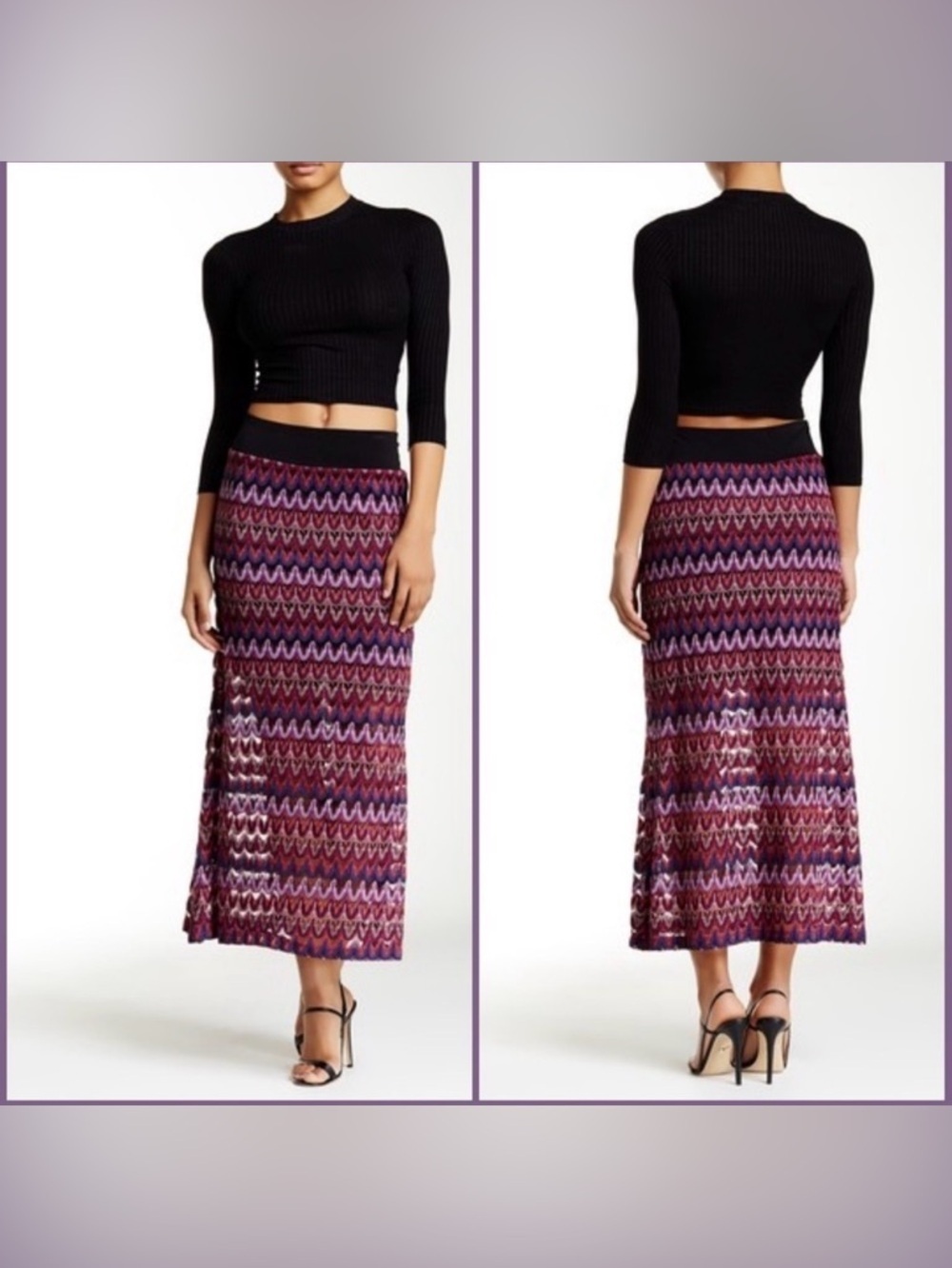 Karen Kane Burgundy-Multi Stretch Crochet Knit Maxi Skirt Sz XS Career Casual